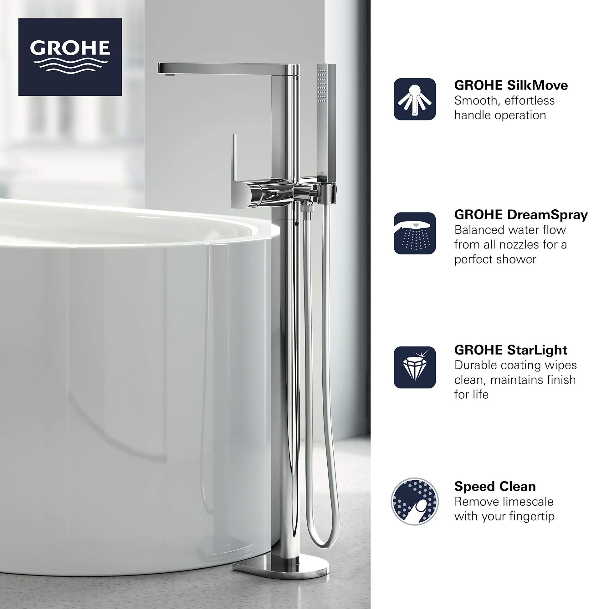 Chrome freestanding tub faucet with single handle and hand shower hose attached to white bathtub.
