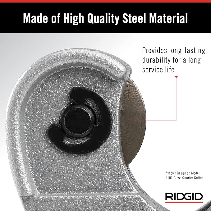 Steel tubing cutter replacement wheel with black circular cutting blade and metal housing.