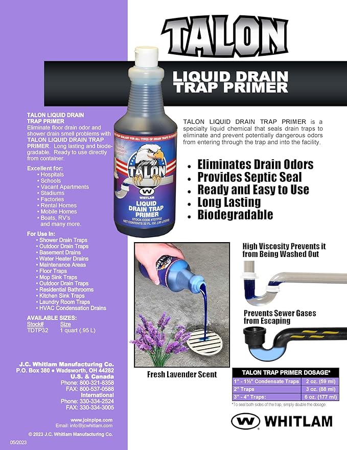Whitlam Talon Liquid Drain Trap Primer in a clear plastic bottle with white cap and purple-labeled packaging.