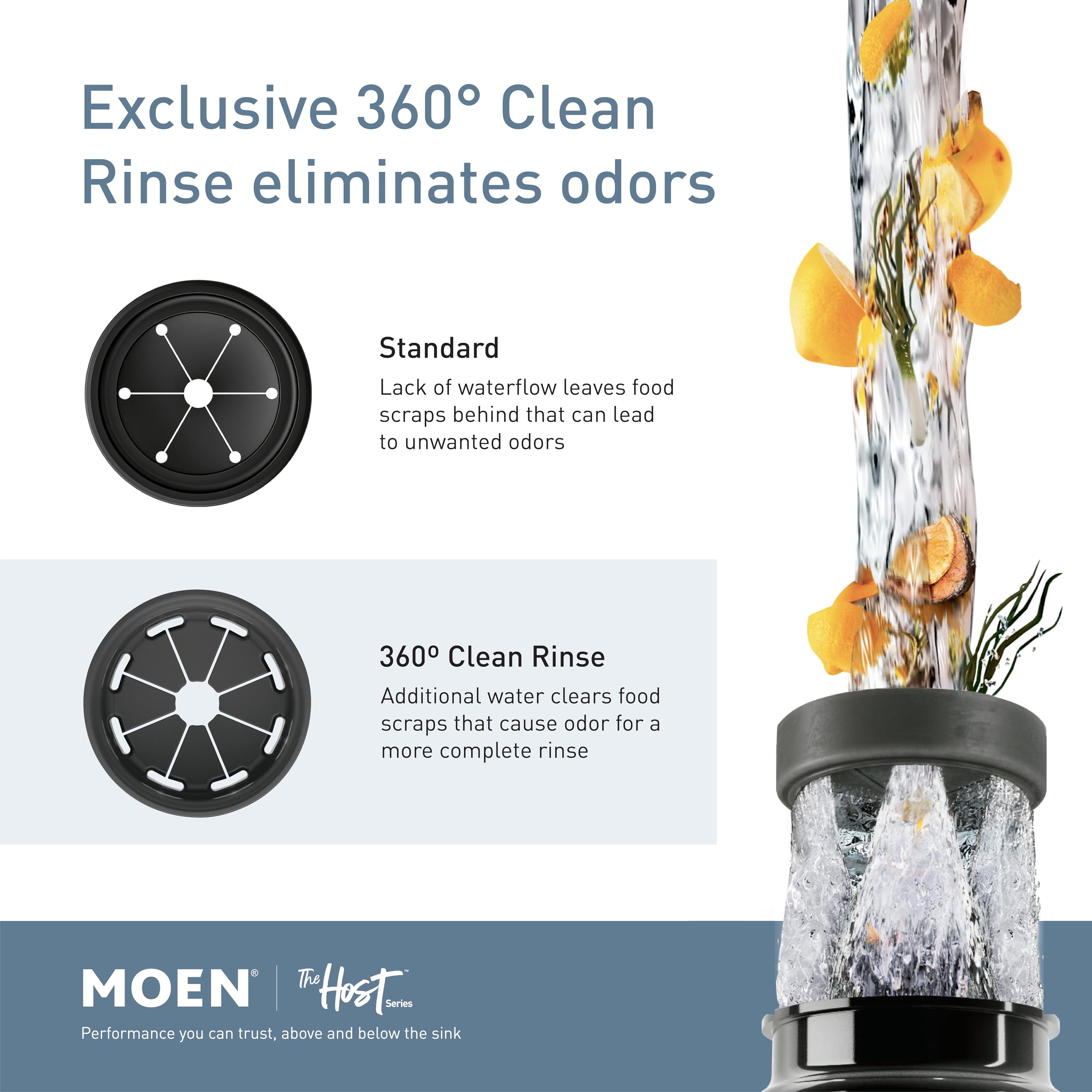 Black Moen garbage disposal with power cord control showing 360-degree clean rinse feature and food waste being rinsed away.