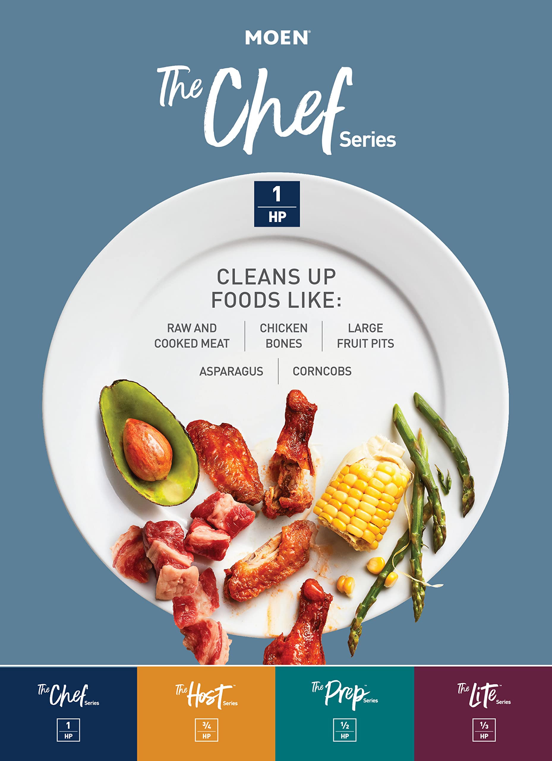 Moen garbage disposal unit with 1 HP motor shown with various food items on white plate against blue background.