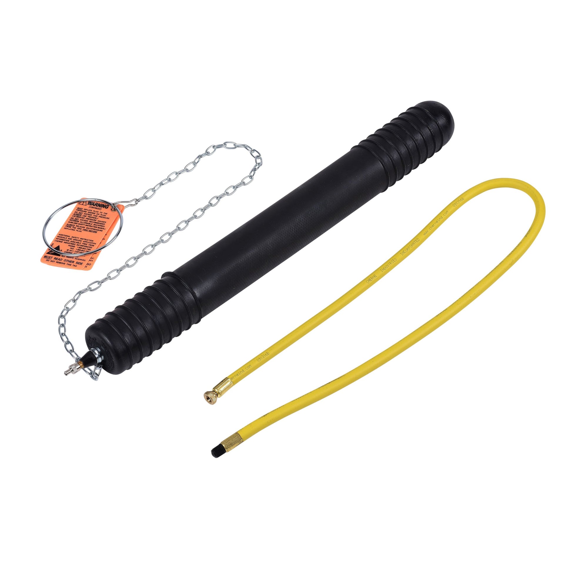 Black test-ball plug with ribbed grip, metal chain with orange tag, and yellow hose attachment.