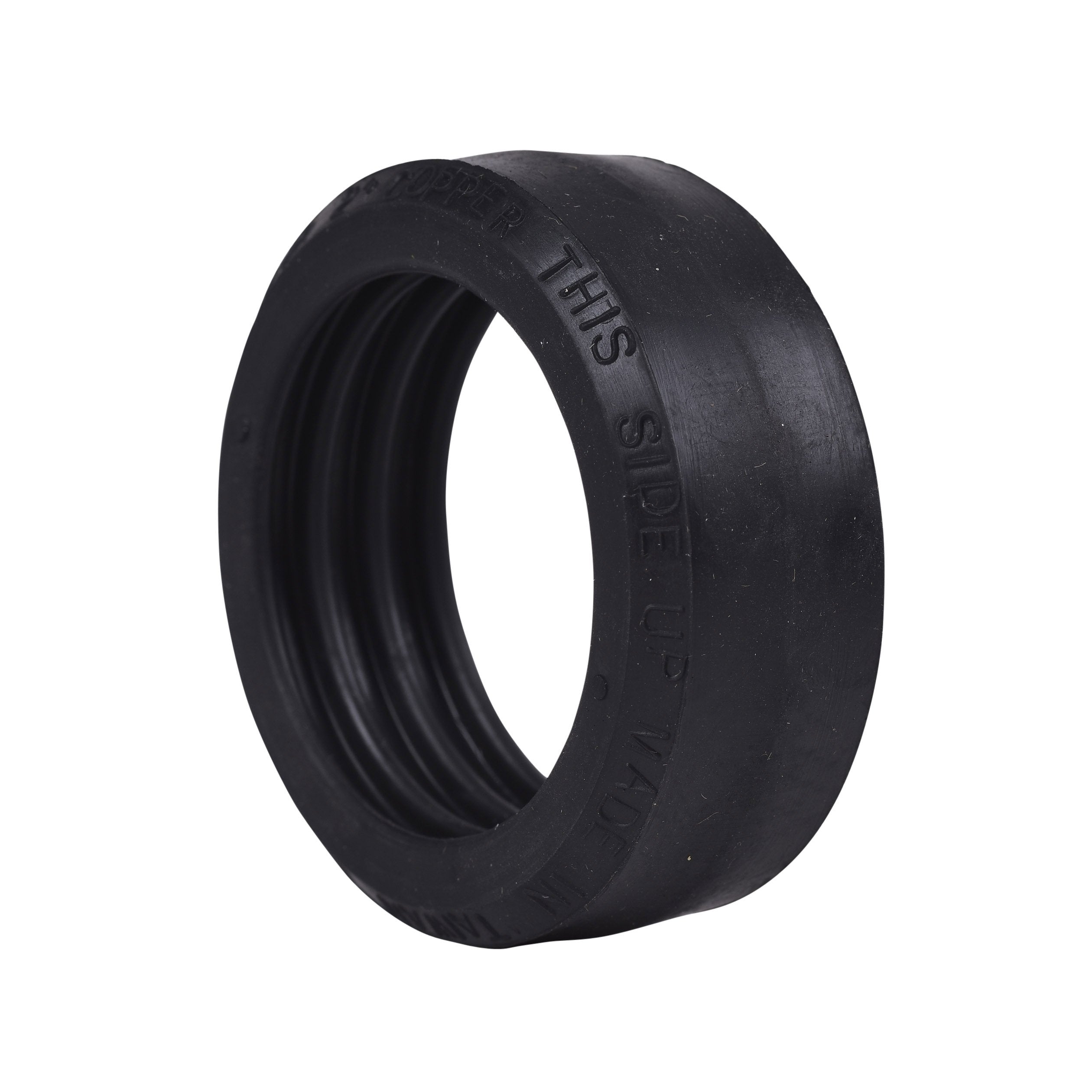 Black rubber compression ring with threaded interior and embossed text on outer surface.