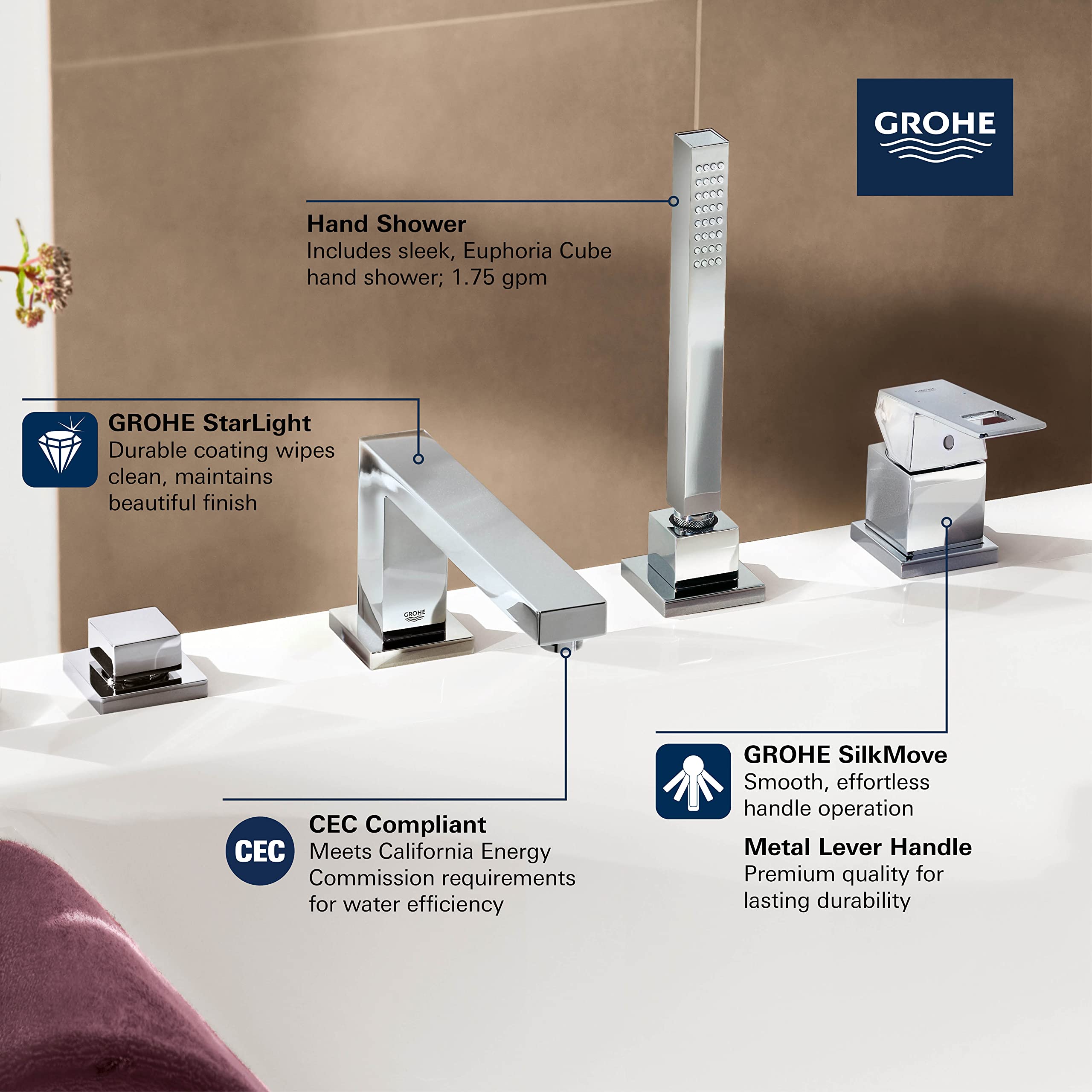 Grohe Eurocube hard graphite four-piece deck-mount roman tub faucet set with single lever handle, tall hand shower, and spout
