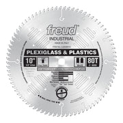 10" circular saw blade with 80 teeth, silver metal with Freud branding, designed for cutting plexiglass and plastics.