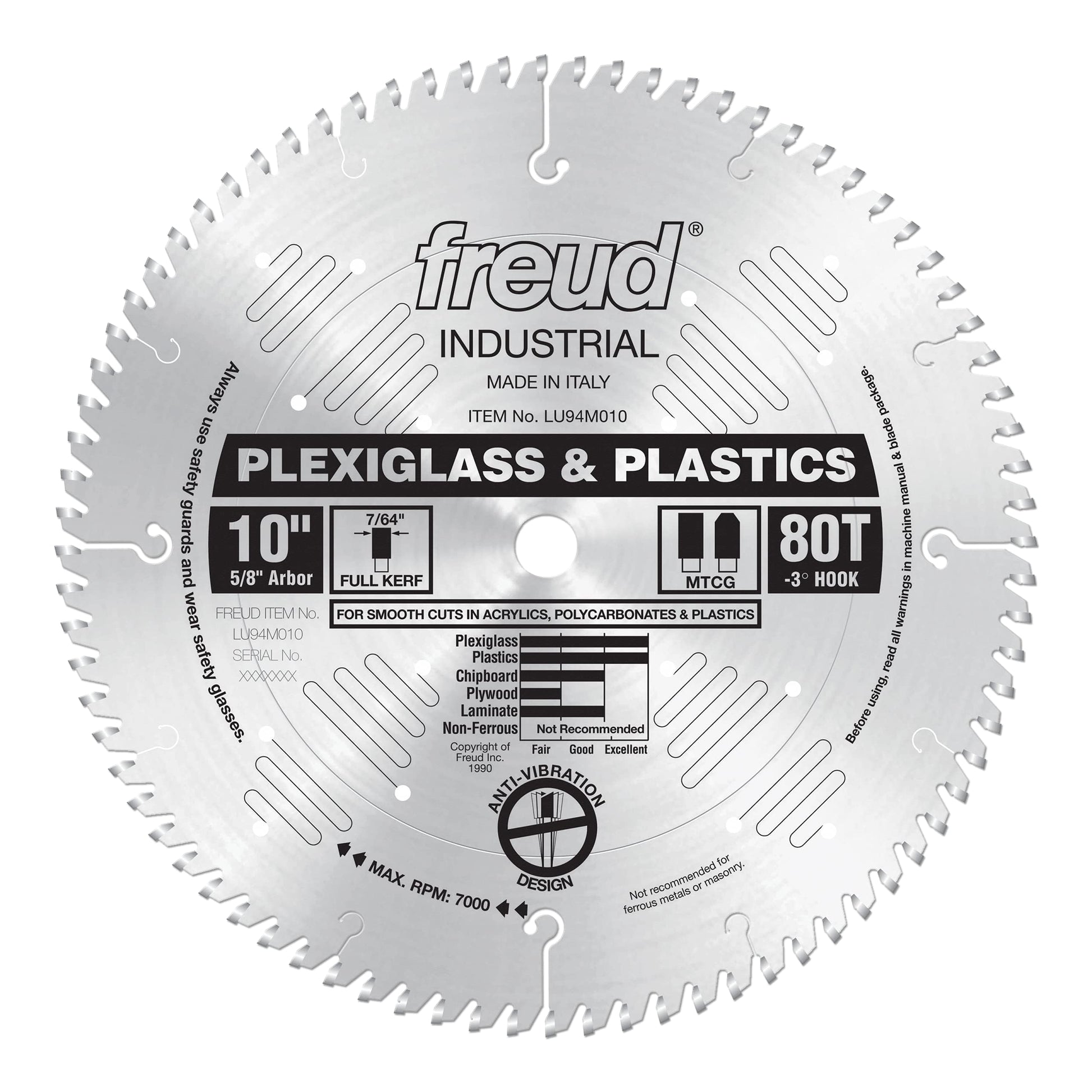 10" circular saw blade with 80 teeth, silver metal with Freud branding, designed for cutting plexiglass and plastics.