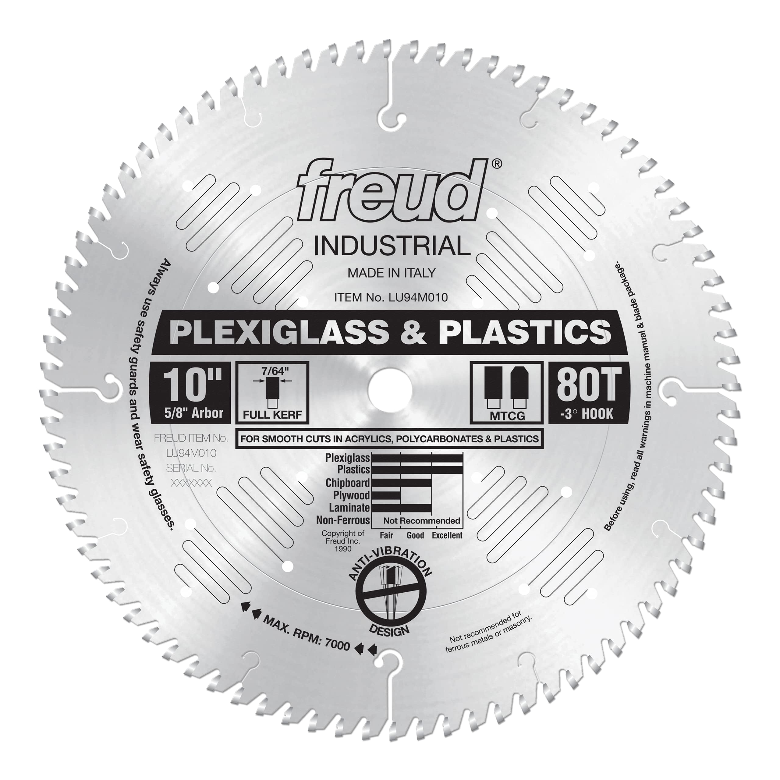 10" circular saw blade with 80 teeth, silver metal with Freud branding, designed for cutting plexiglass and plastics.