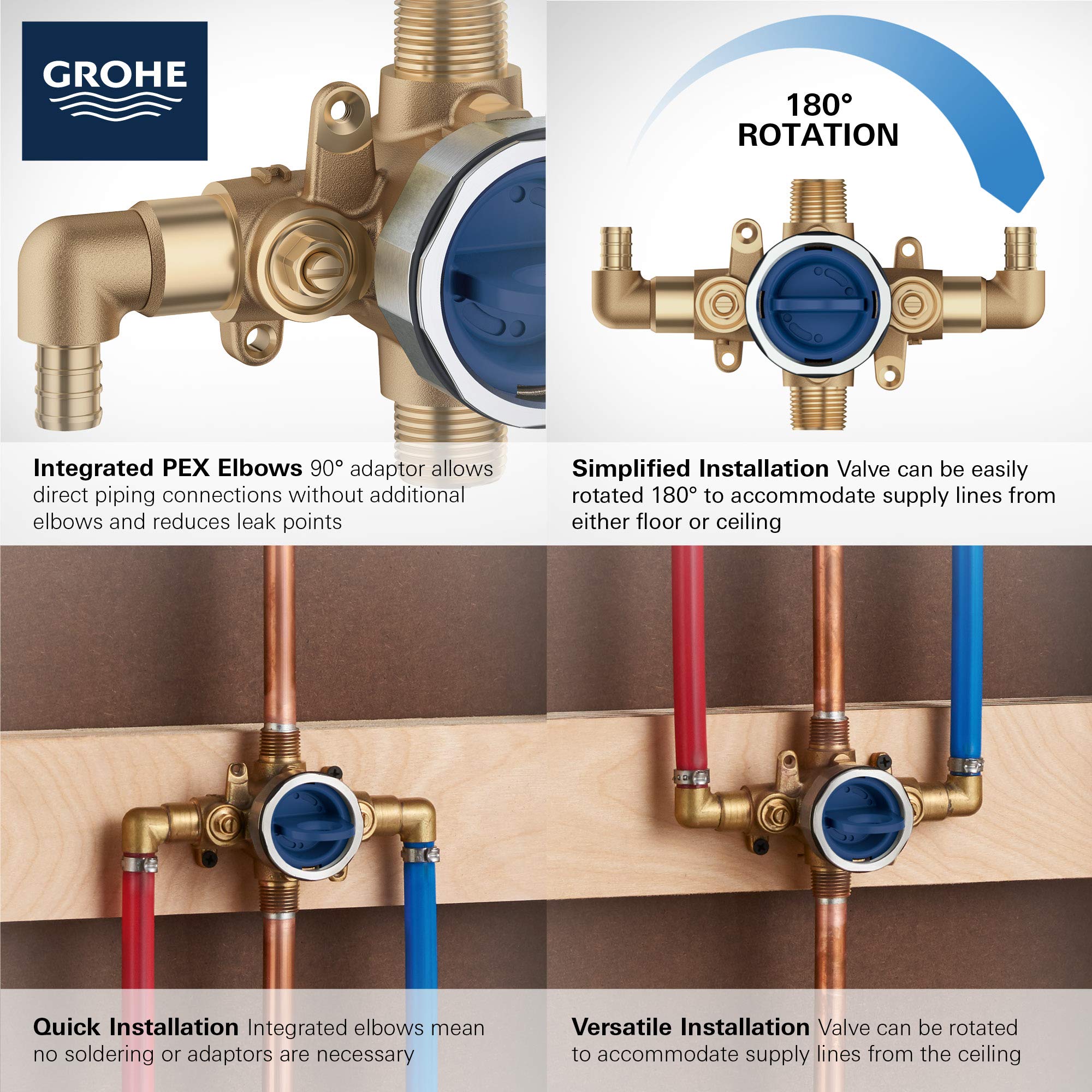 Grohe brass pressure balance rough-in valve with blue cartridge, integrated PEX elbows, and 180-degree rotation capability.
