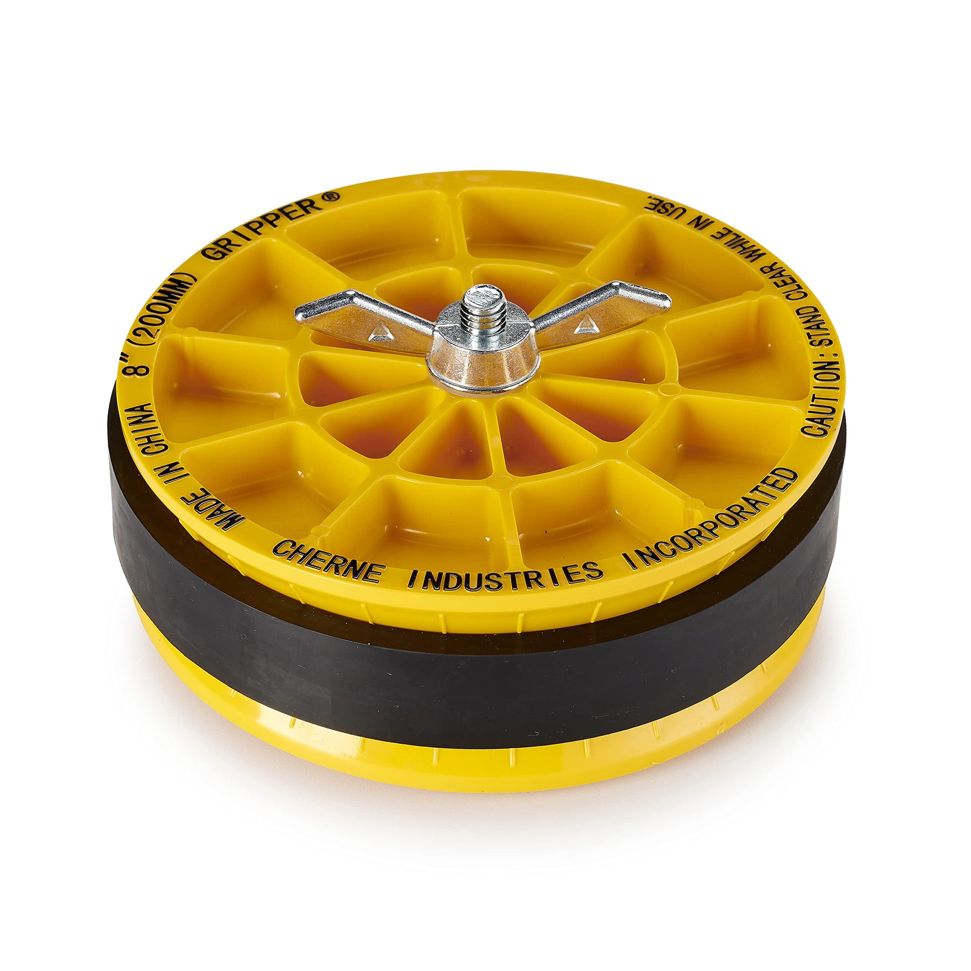 Yellow mechanical pipe plug with metal screw-down center cap and black rubber seal ring.