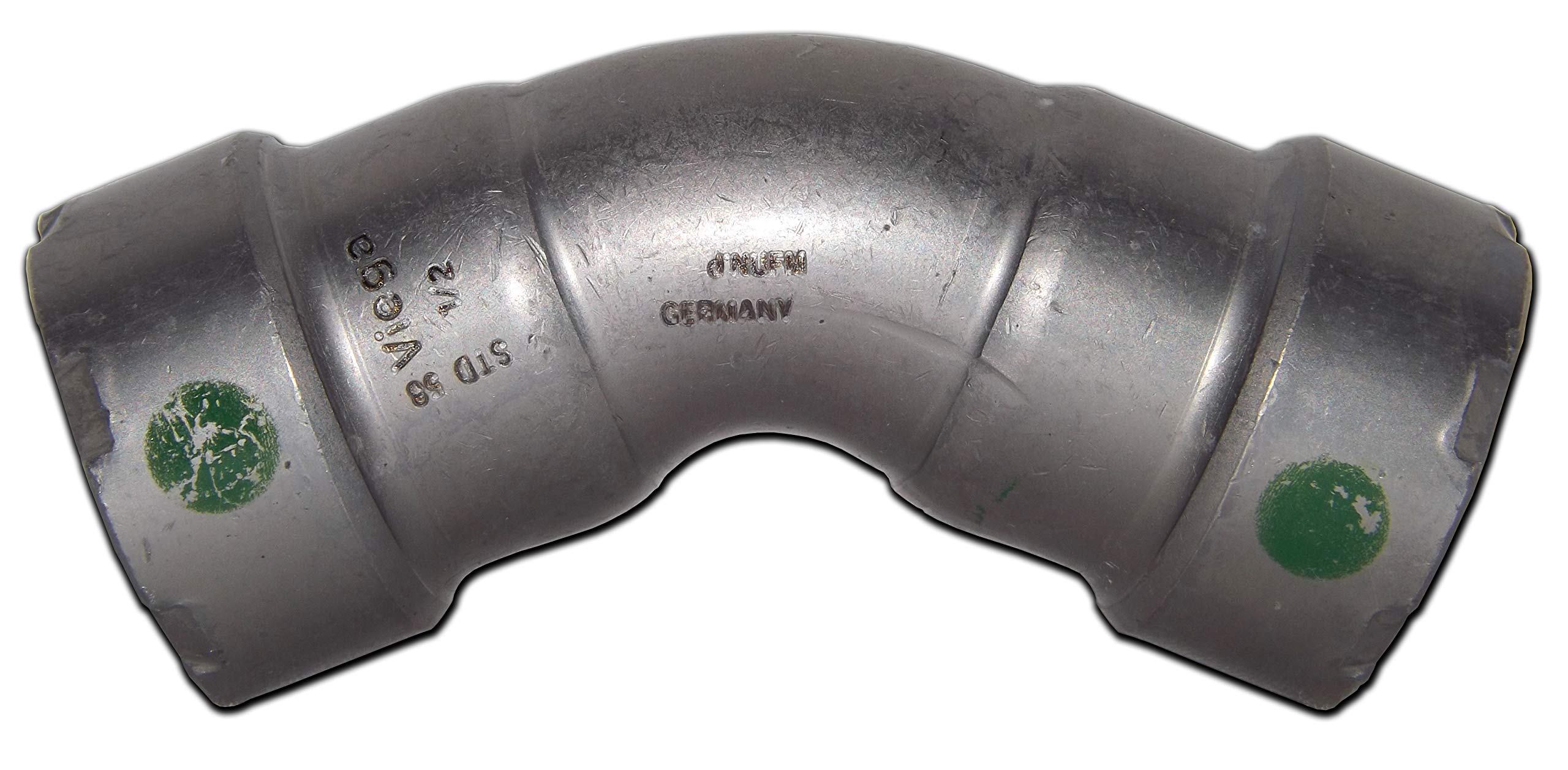 Metallic 45-degree elbow fitting with two cylindrical ports and green certification marks on ends.