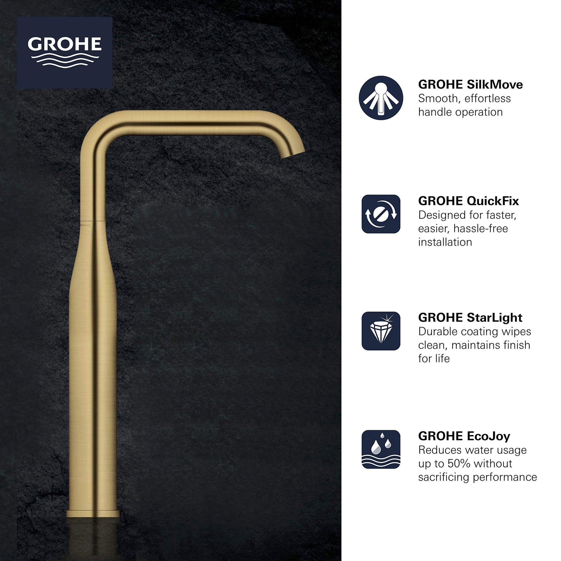 Grohe Essence single-handle vessel sink faucet with tall curved spout in hard graphite finish.