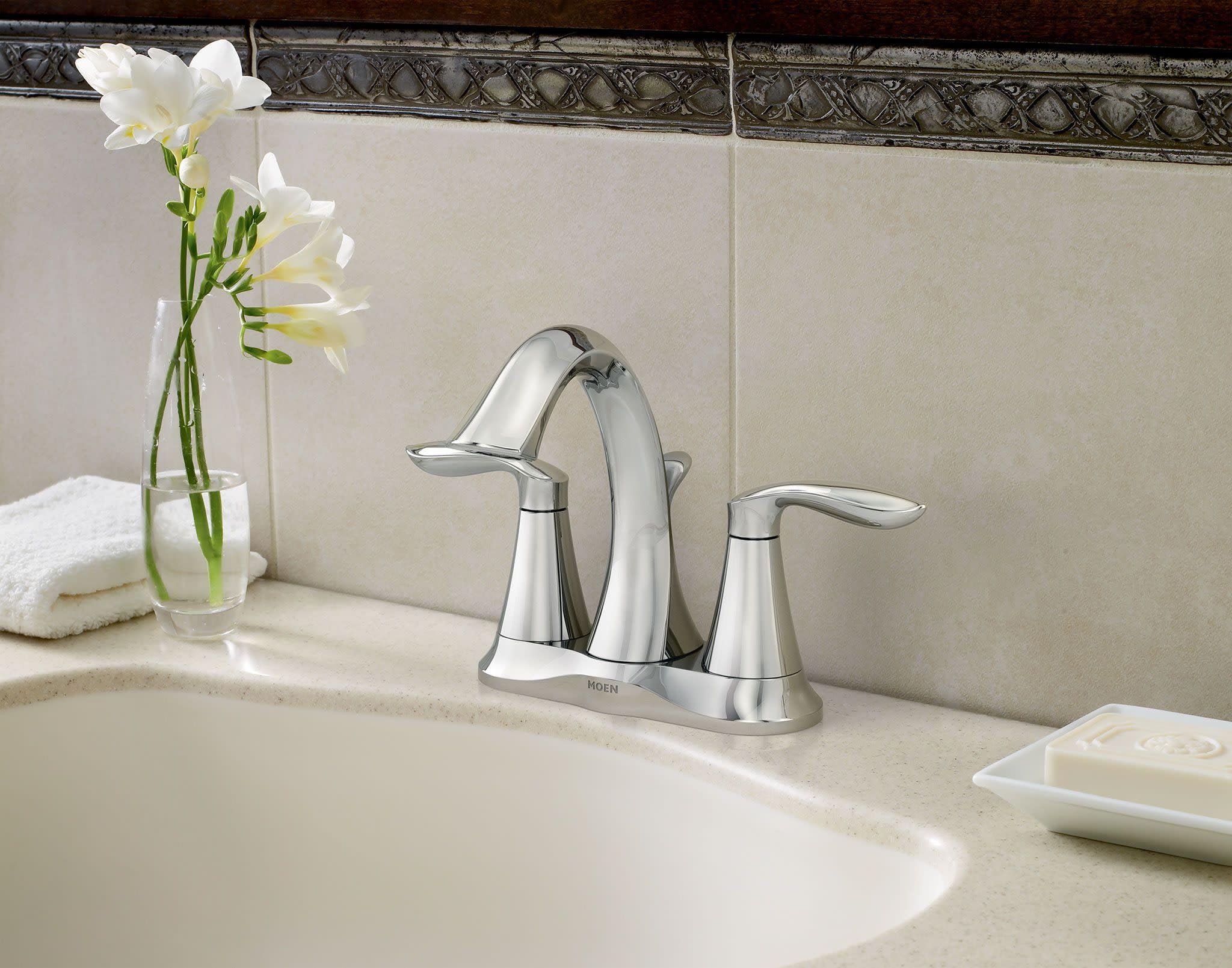 Moen Two Handle Centerset Bathroom Sink Faucet with Drain Assembly for 3 hole Installation Setups 6410 in Chrome - 6410