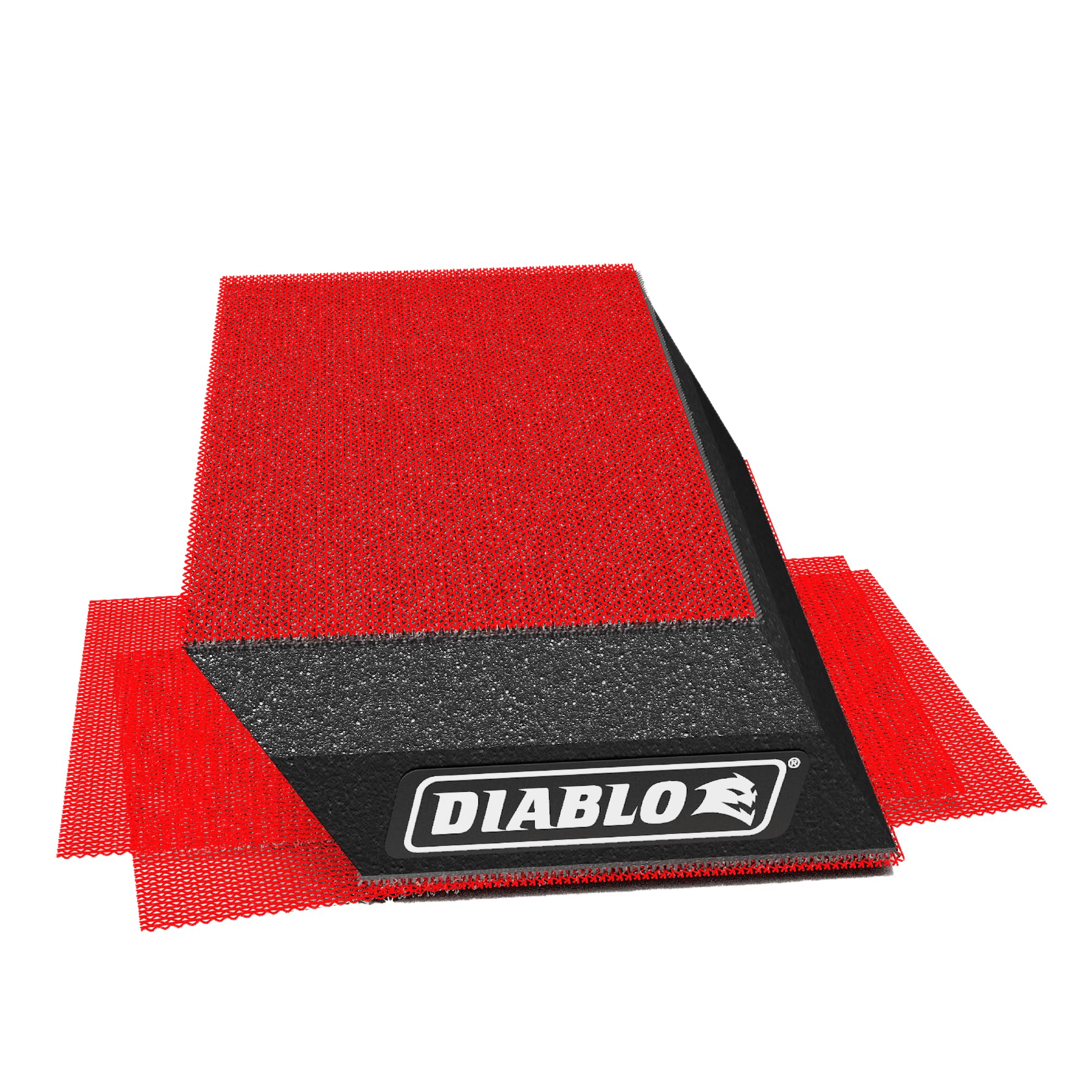 Red angled hand sanding block with black base and removable red sanding sheets.