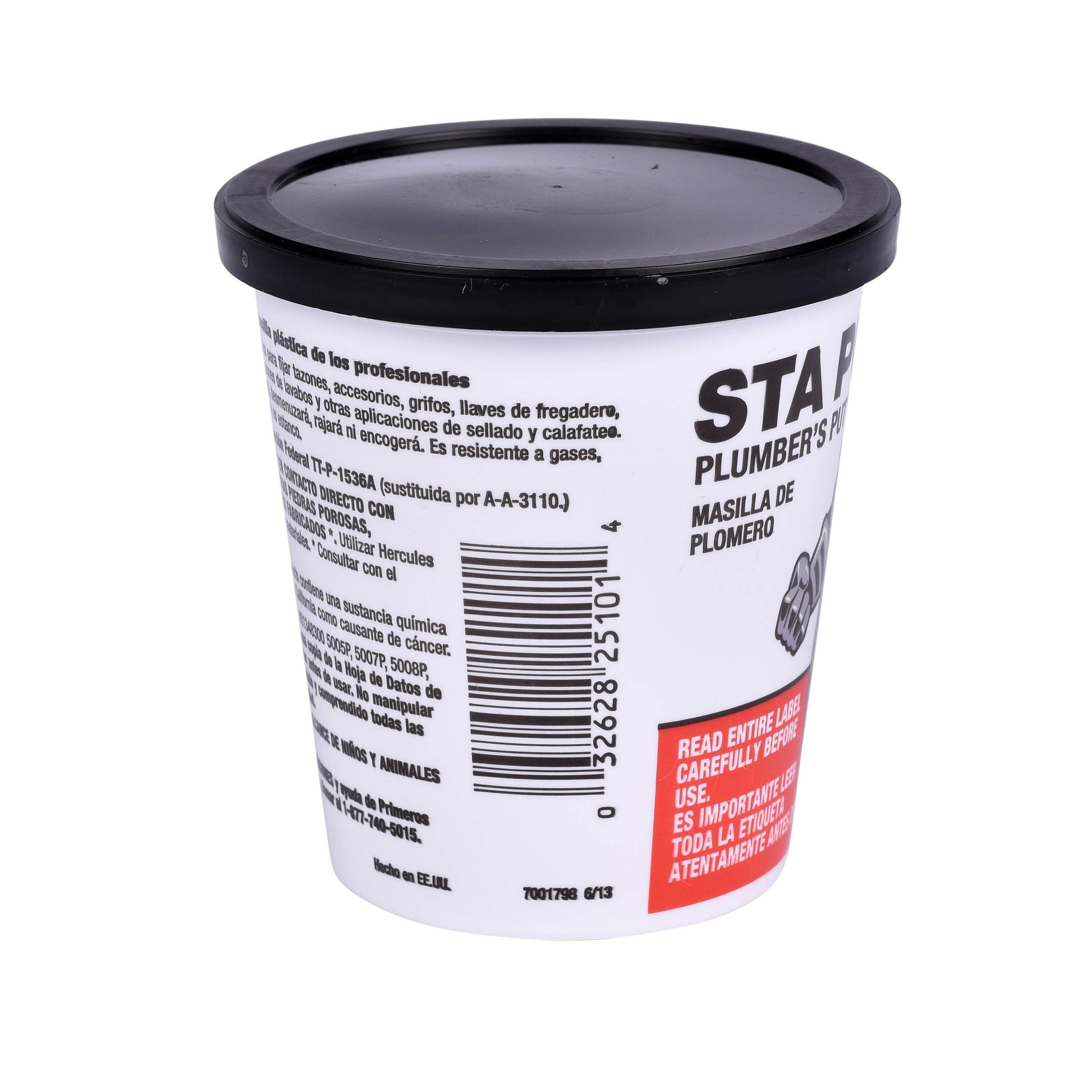 Tan-colored plumber's putty in a white container with black lid and bilingual label.
