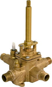Brass tub and shower diverter valve with threaded inlet and outlet ports and vertical stem control.