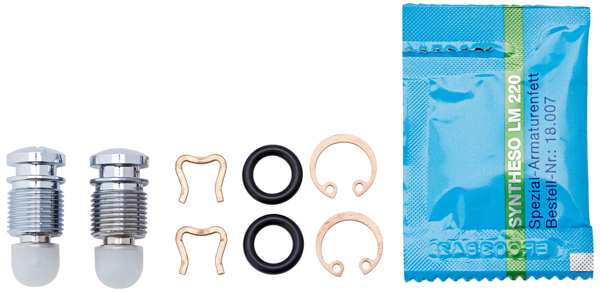 Chrome isolating valve cartridge with two white ceramic disc inserts, metal clips, black rubber seals, and copper retaining r