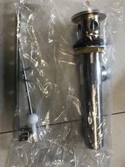 Push-button pop-up drain assembly with gold and brushed metal finish, including overflow mechanism and connecting rod.