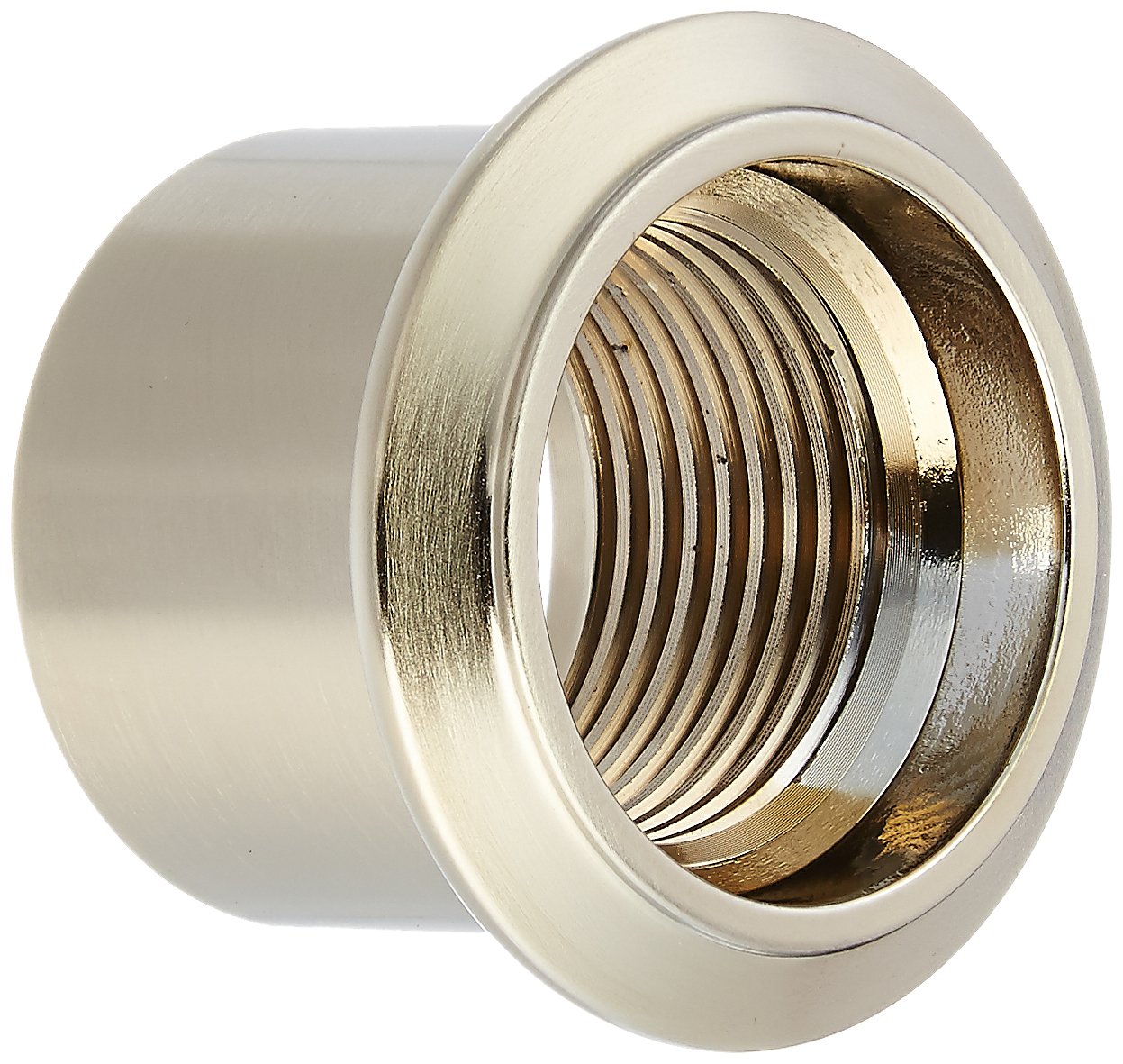 Brushed nickel trim sleeve with threaded brass interior connection for diverter valve installation.