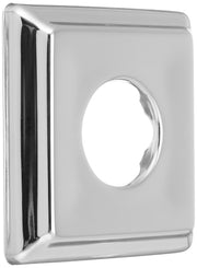 Chrome finish square shower flange with central circular opening and black seal strip on left edge.