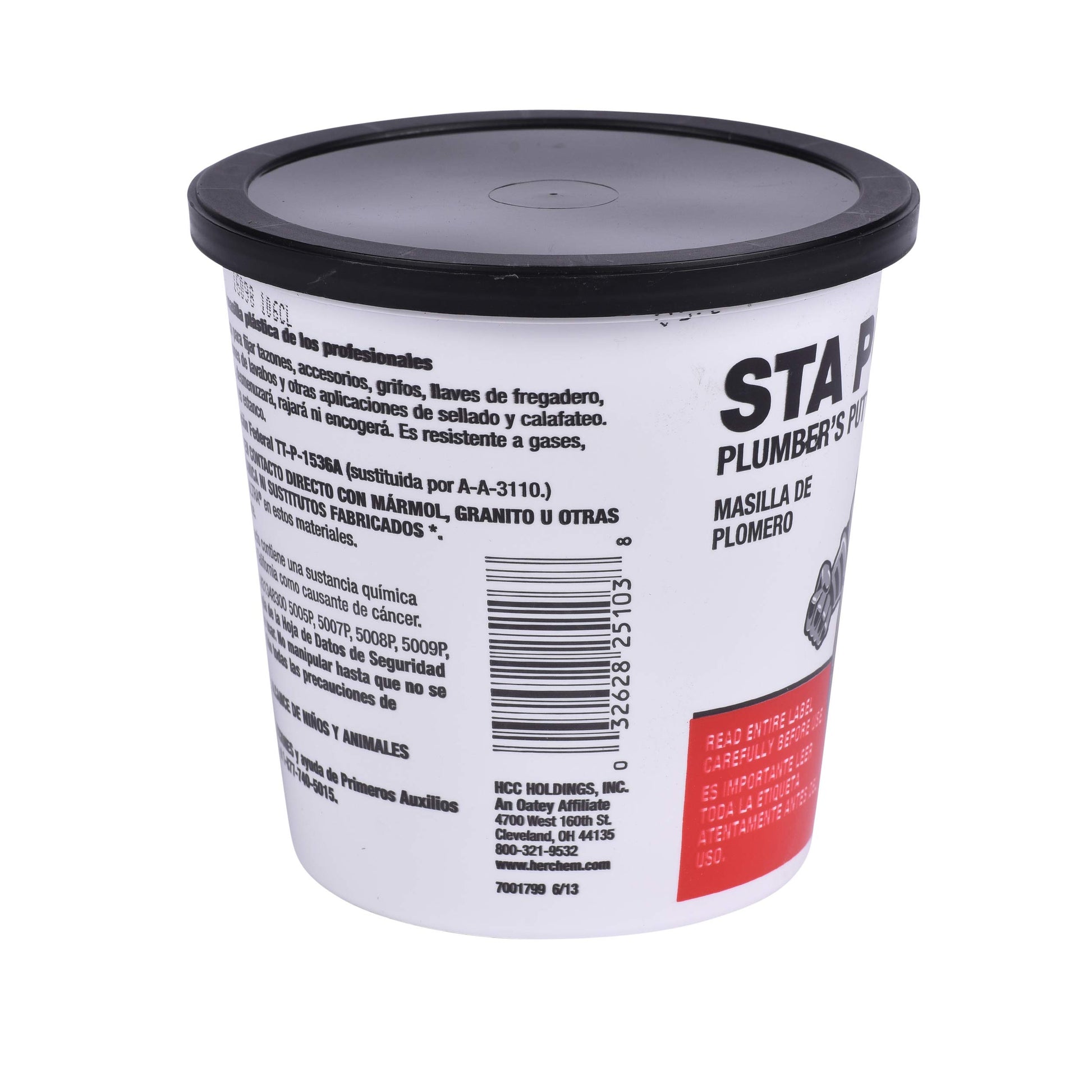 White cylindrical container with black lid labeled "Sta Put Plumber's Putty" and product information on side.