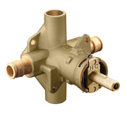 Brass pressure-balanced valve body with PEX connections and mounting ears for tub and shower installation.
