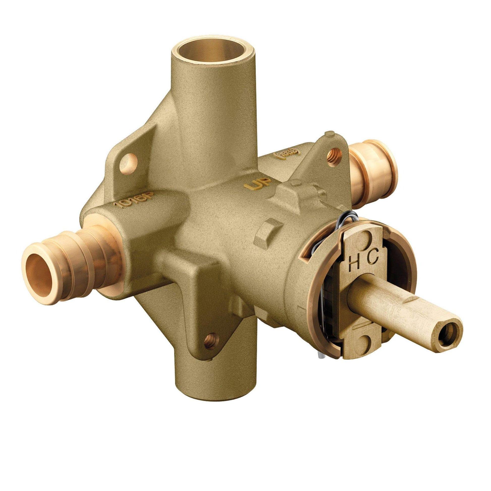 Brass pressure-balanced valve body with PEX connections and mounting ears for tub and shower installation.