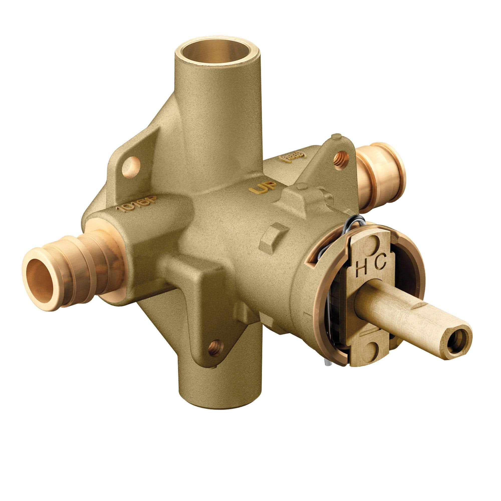 Brass pressure-balanced valve body with PEX connections and mounting ears for tub and shower installation.