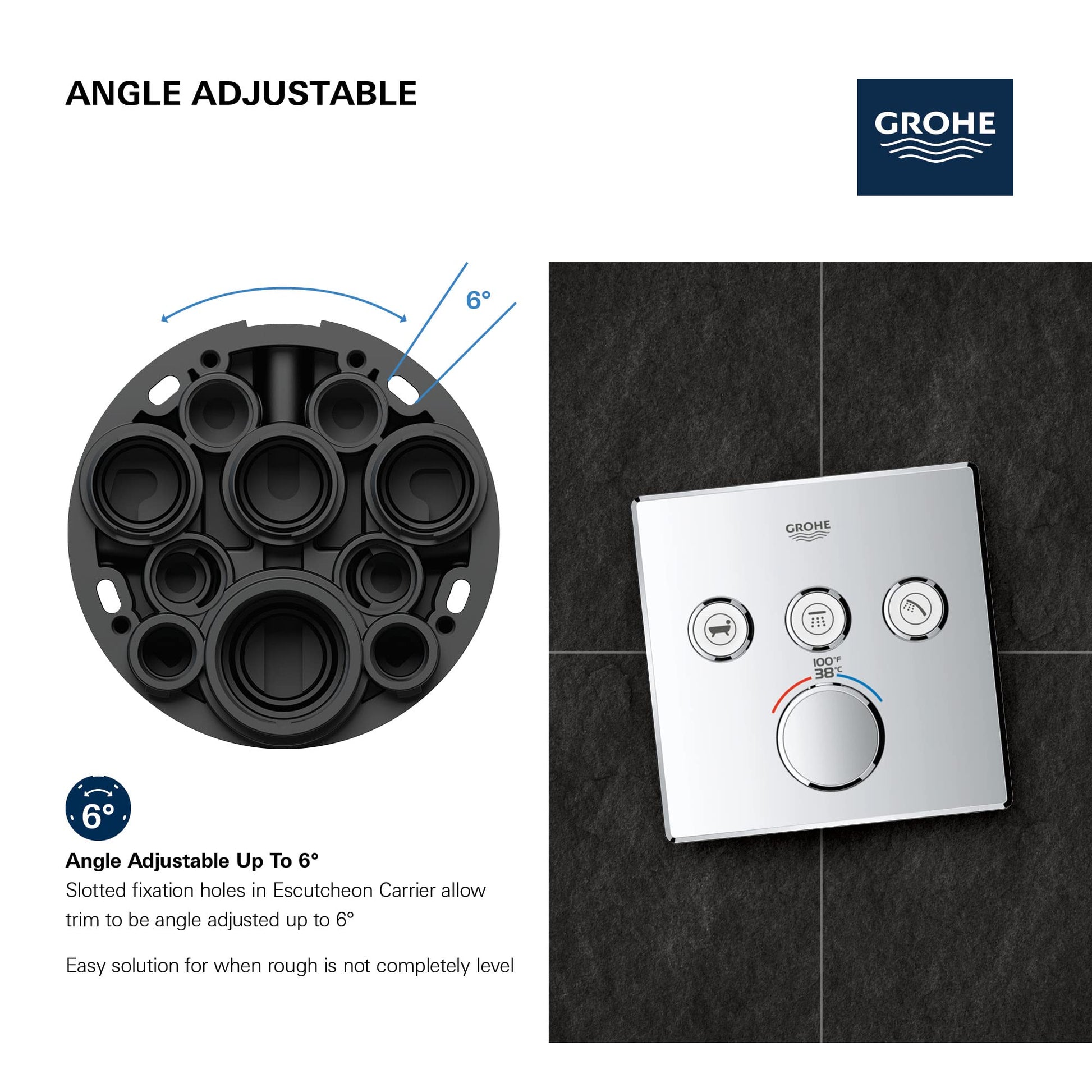 Grohe Grohtherm thermostatic valve trim in hard graphite with three control buttons and temperature dial mounted on tile wall