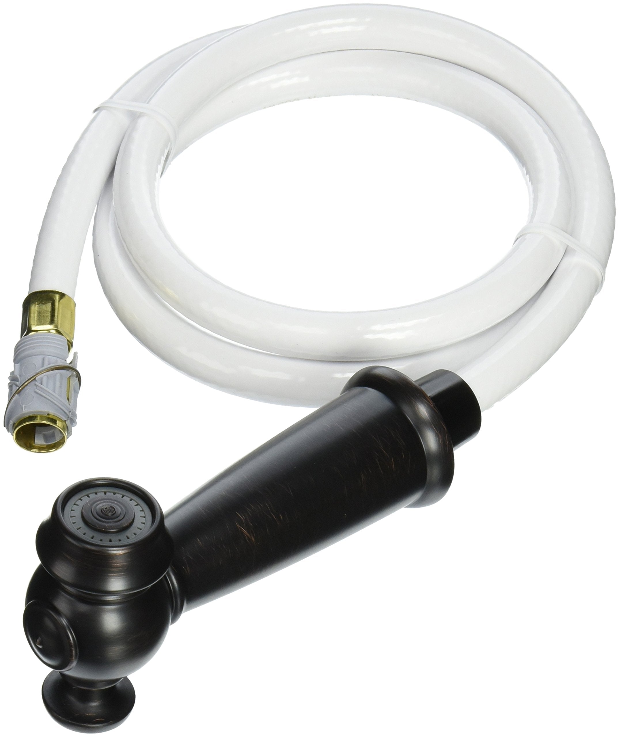 White flexible hose with brass connector on left end and black side spray head with venetian bronze finish on right end.