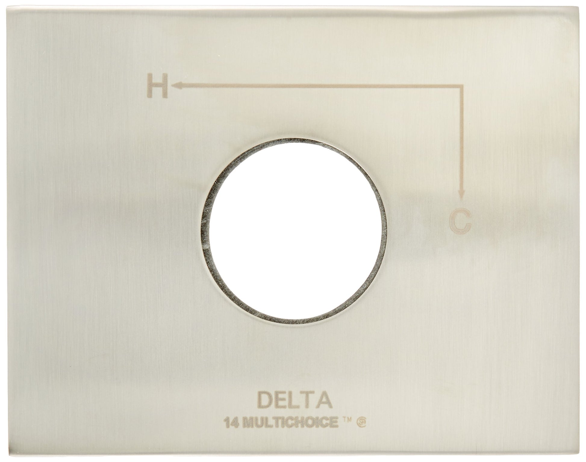 Stainless steel escutcheon plate with circular opening and measurement markings for Delta tub and shower installation.