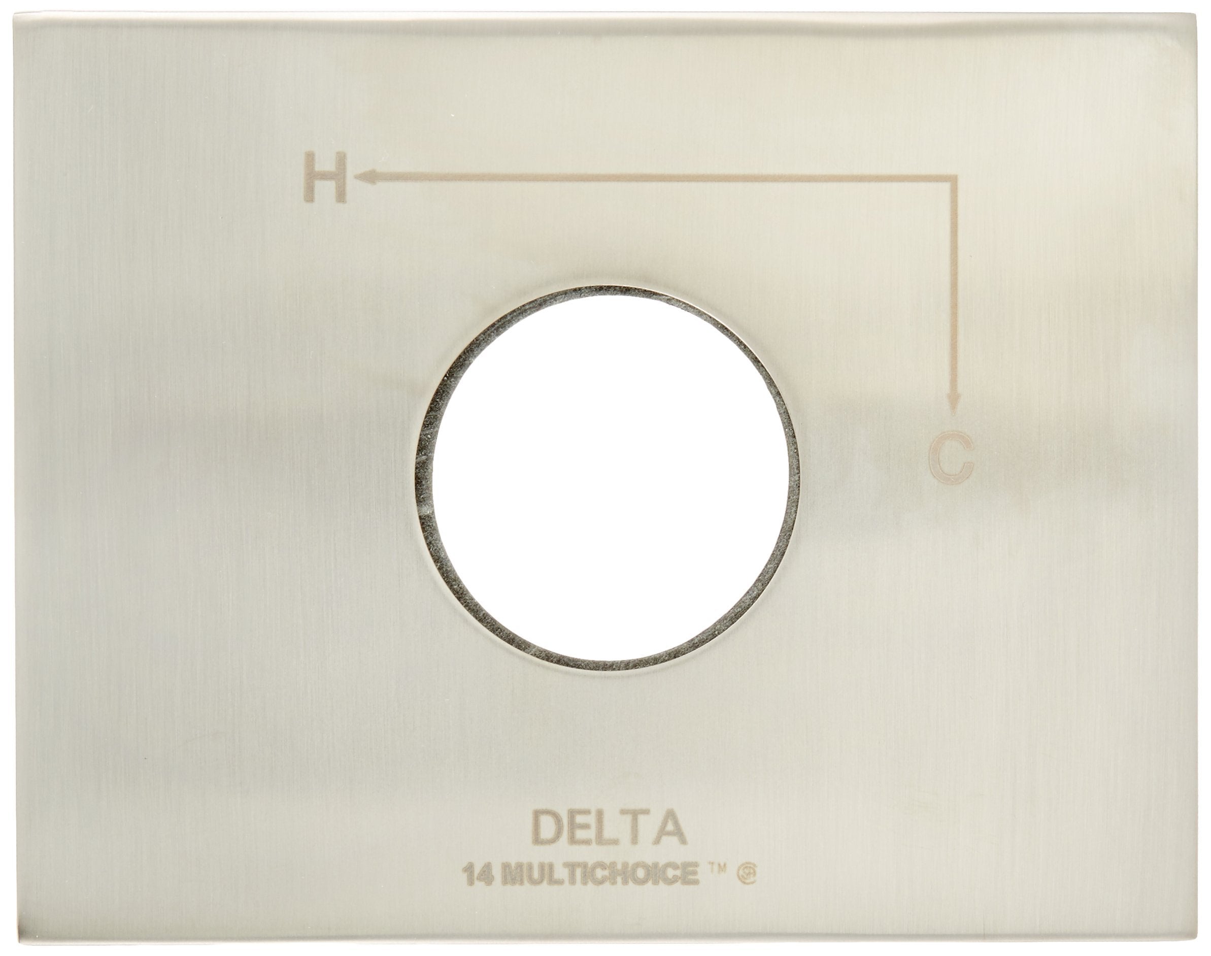 Stainless steel escutcheon plate with circular opening and measurement markings for Delta tub and shower installation.