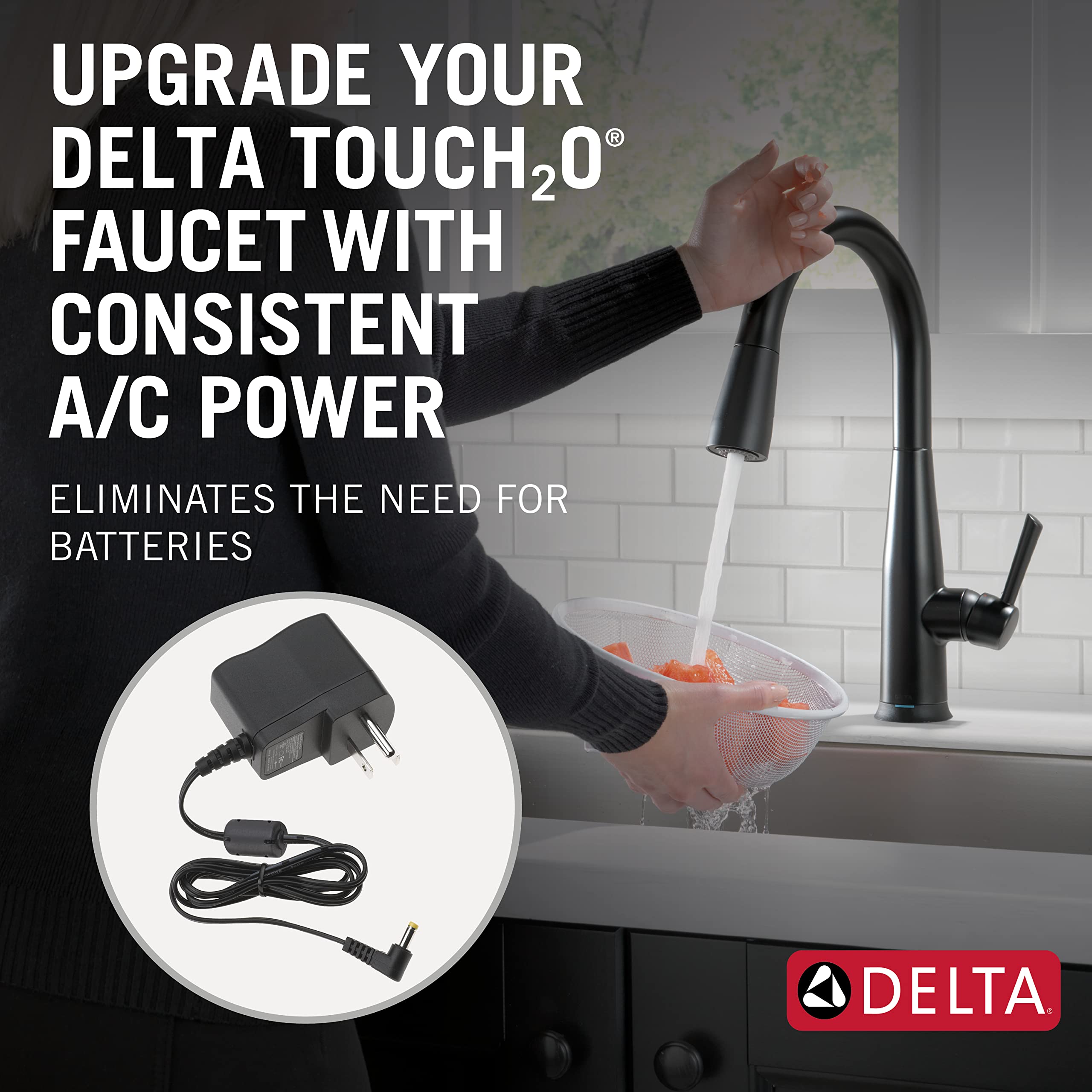 Black AC power adapter with coiled cable and angled plug connector for Delta Touch2O faucet.