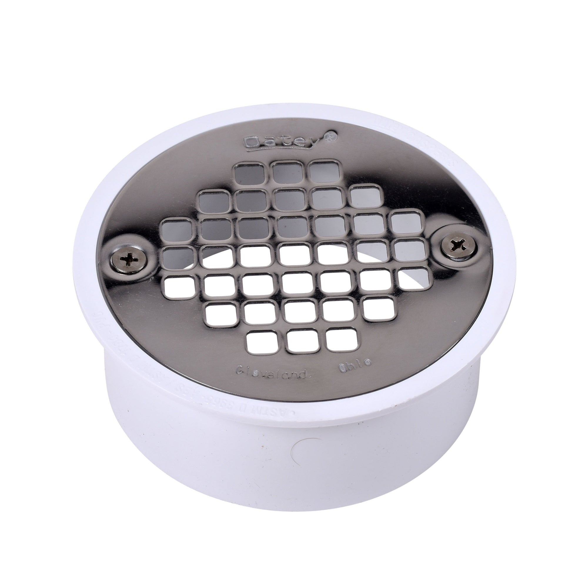 White PVC drain with stainless steel strainer top featuring rectangular mesh pattern and two mounting screws.