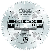 Freud 12" combination saw blade with 60 teeth, 1" arbor, full kerf, and 10° hook angle for ripping and crosscutting.