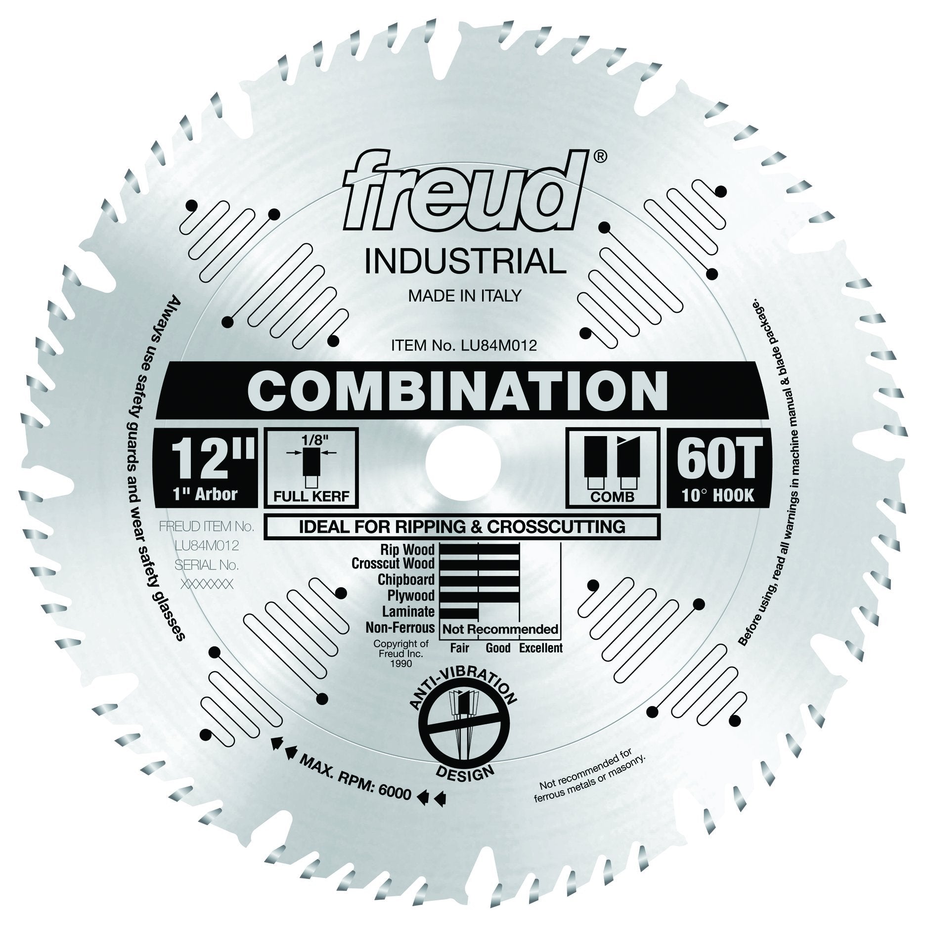 Freud 12" combination saw blade with 60 teeth, 1" arbor, full kerf, and 10° hook angle for ripping and crosscutting.