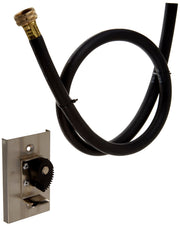 Black rubber hose with brass connector and wall-mounted metal bracket with gear clamp.