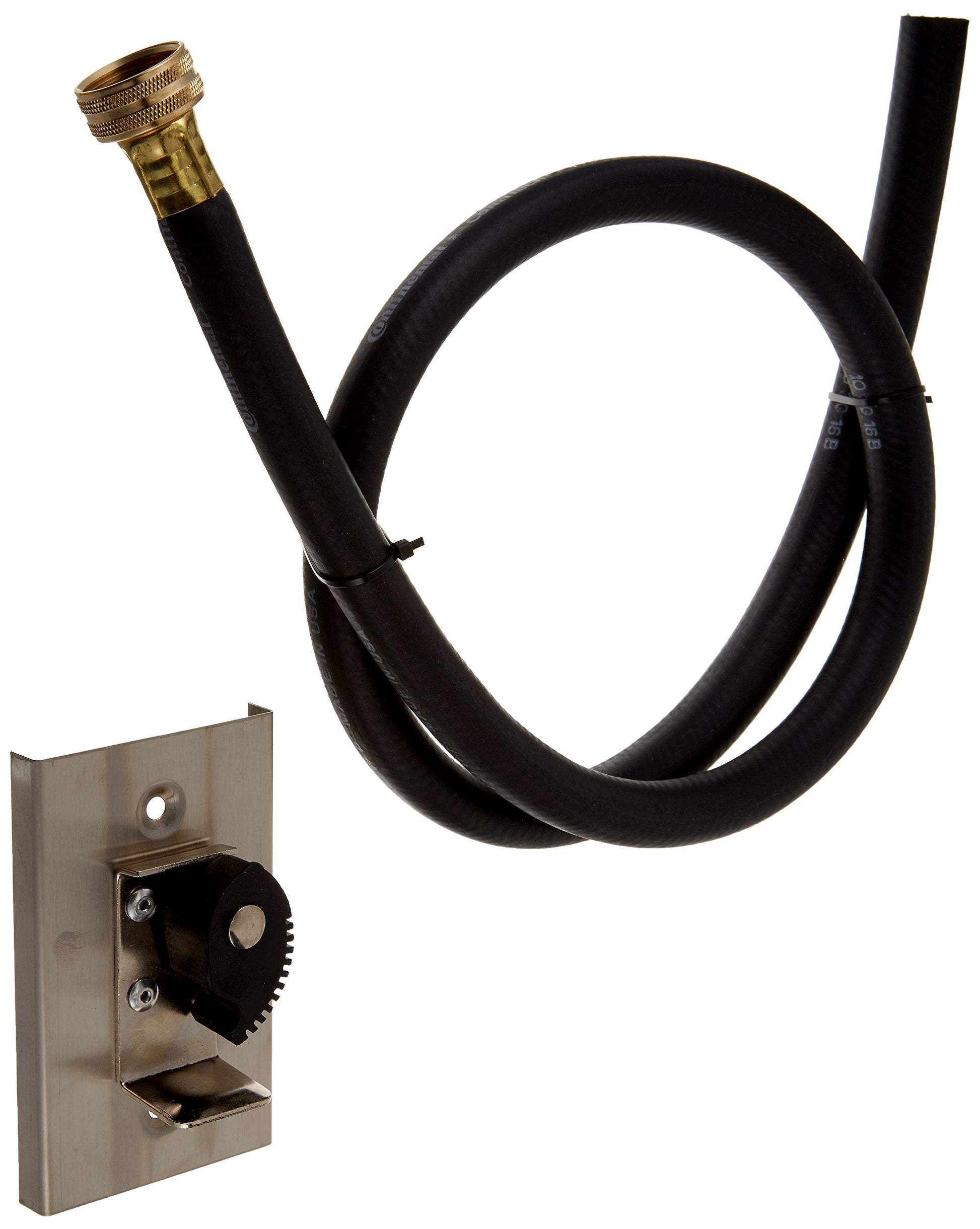 Black rubber hose with brass connector and wall-mounted metal bracket with gear clamp.