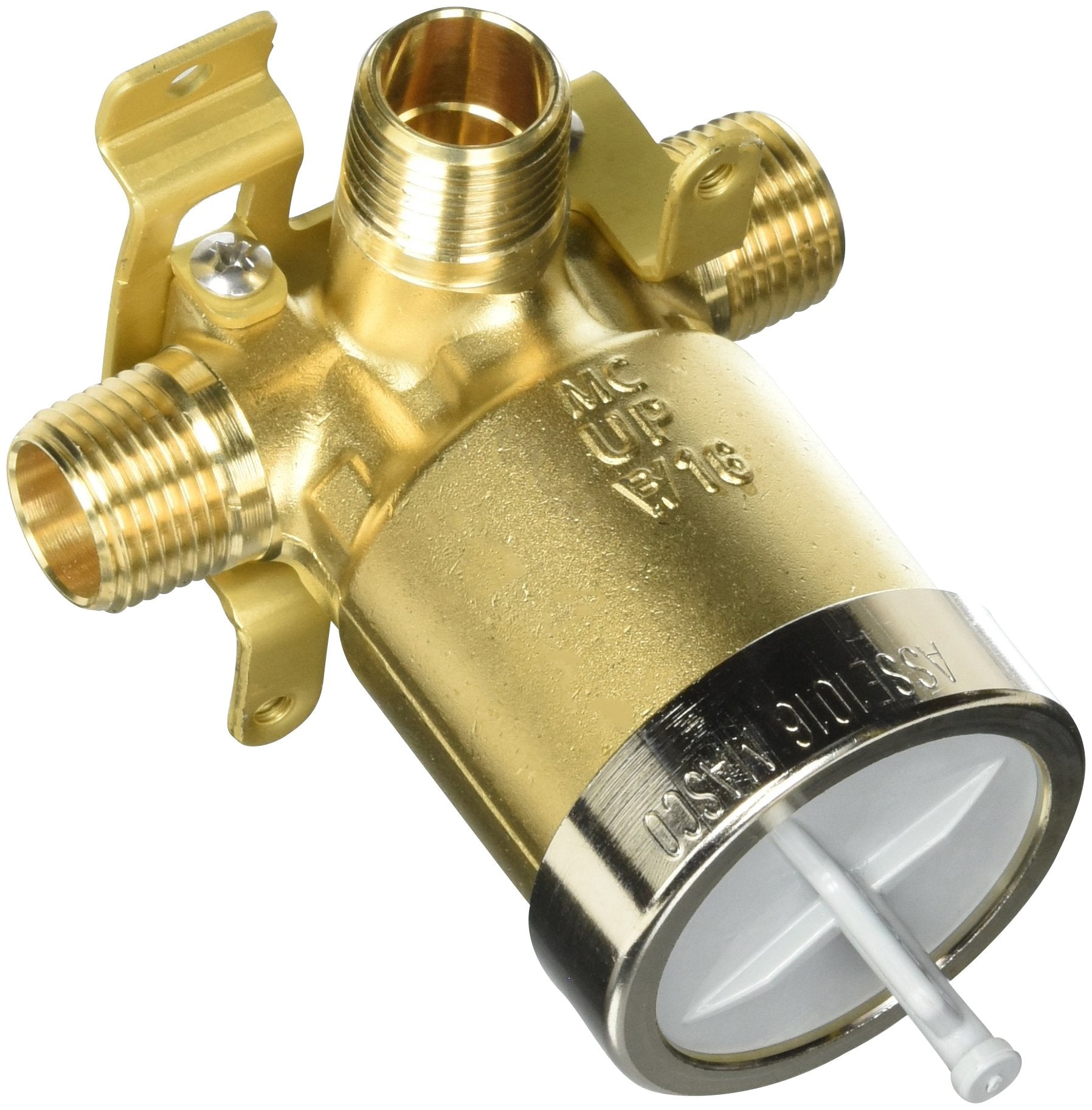 Brass pressure balance shower valve rough-in with multiple threaded ports and mounting bracket.