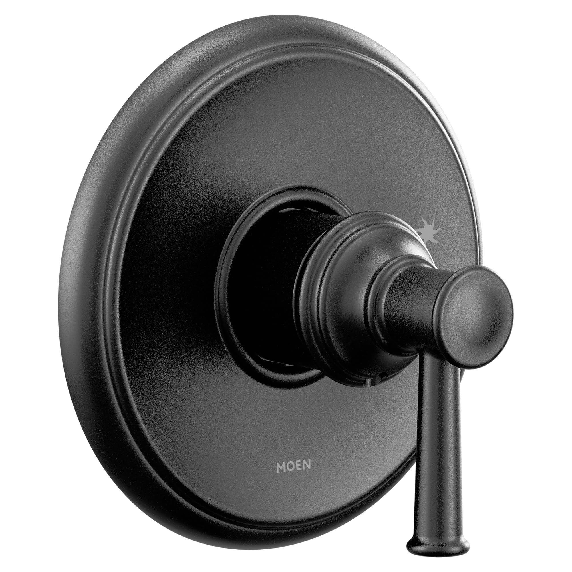 Matte black shower trim kit with circular escutcheon plate and single lever handle control.