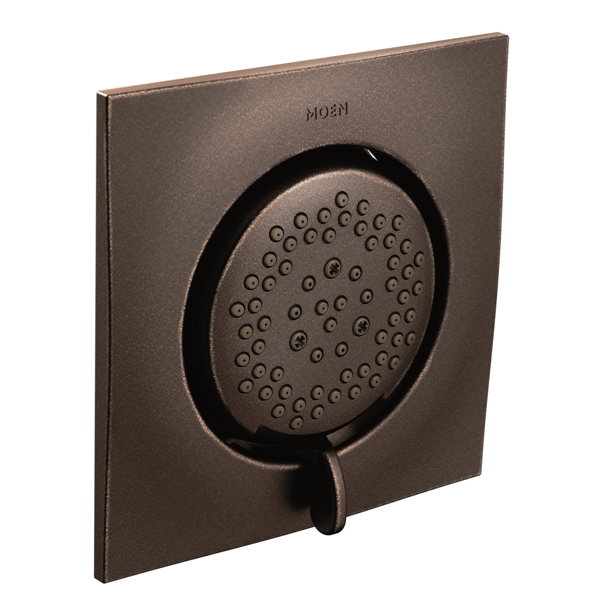 Oil rubbed bronze square body spray with perforated circular showerhead and control lever mounted on flat wall plate.