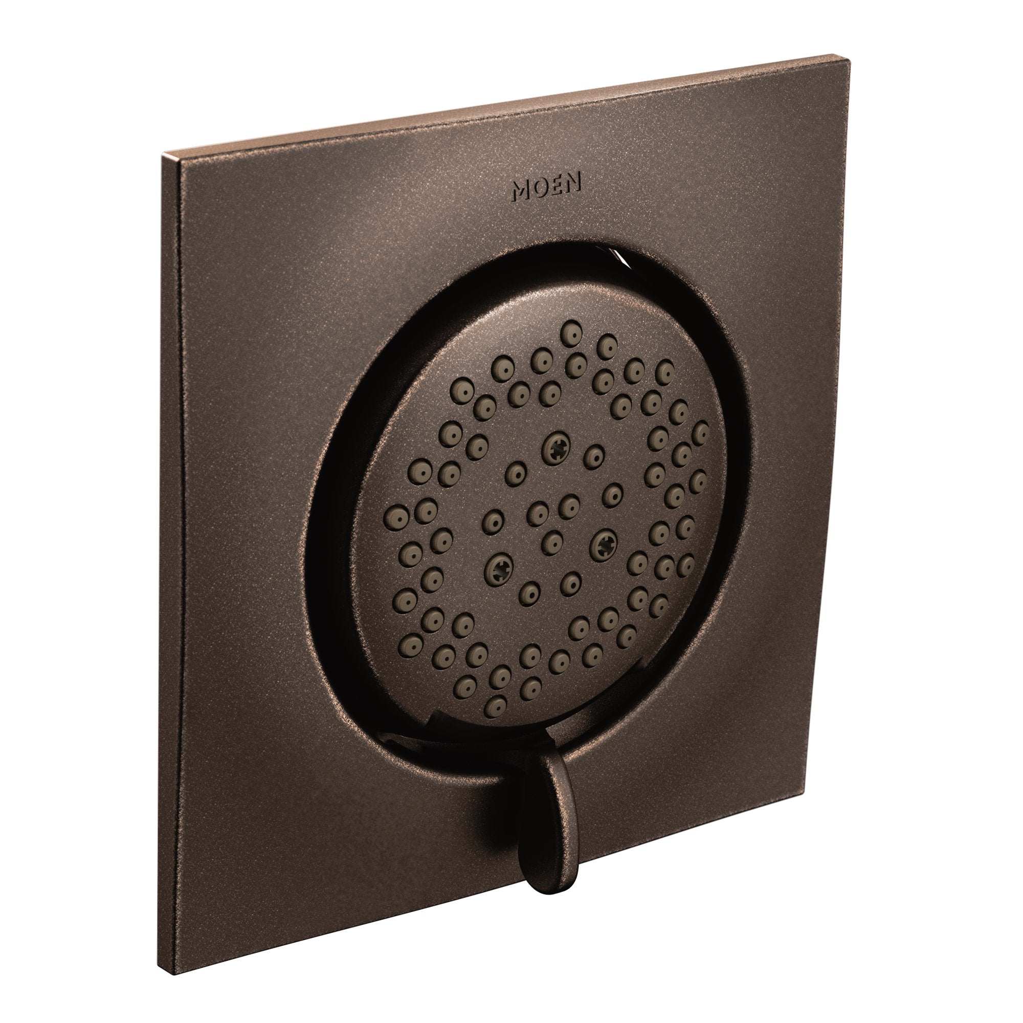 Oil rubbed bronze square body spray with perforated circular showerhead and control lever mounted on flat wall plate.