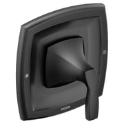 Moen Voss matte black shower valve trim with single lever handle and temperature control indicator.