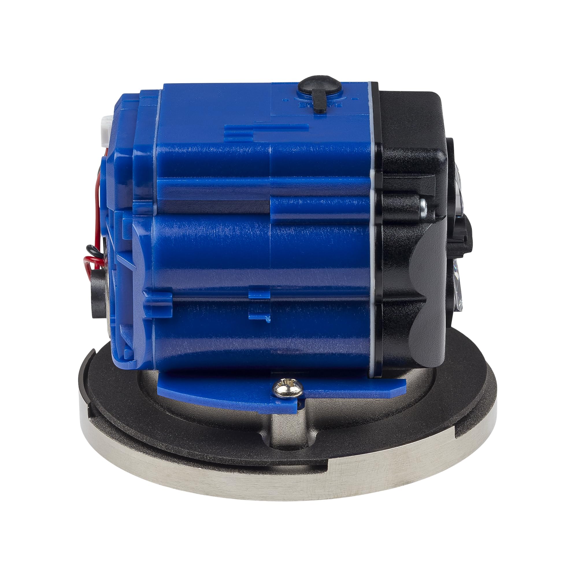 Blue and black cylindrical valve control module with black knob on top and metal mounting base.