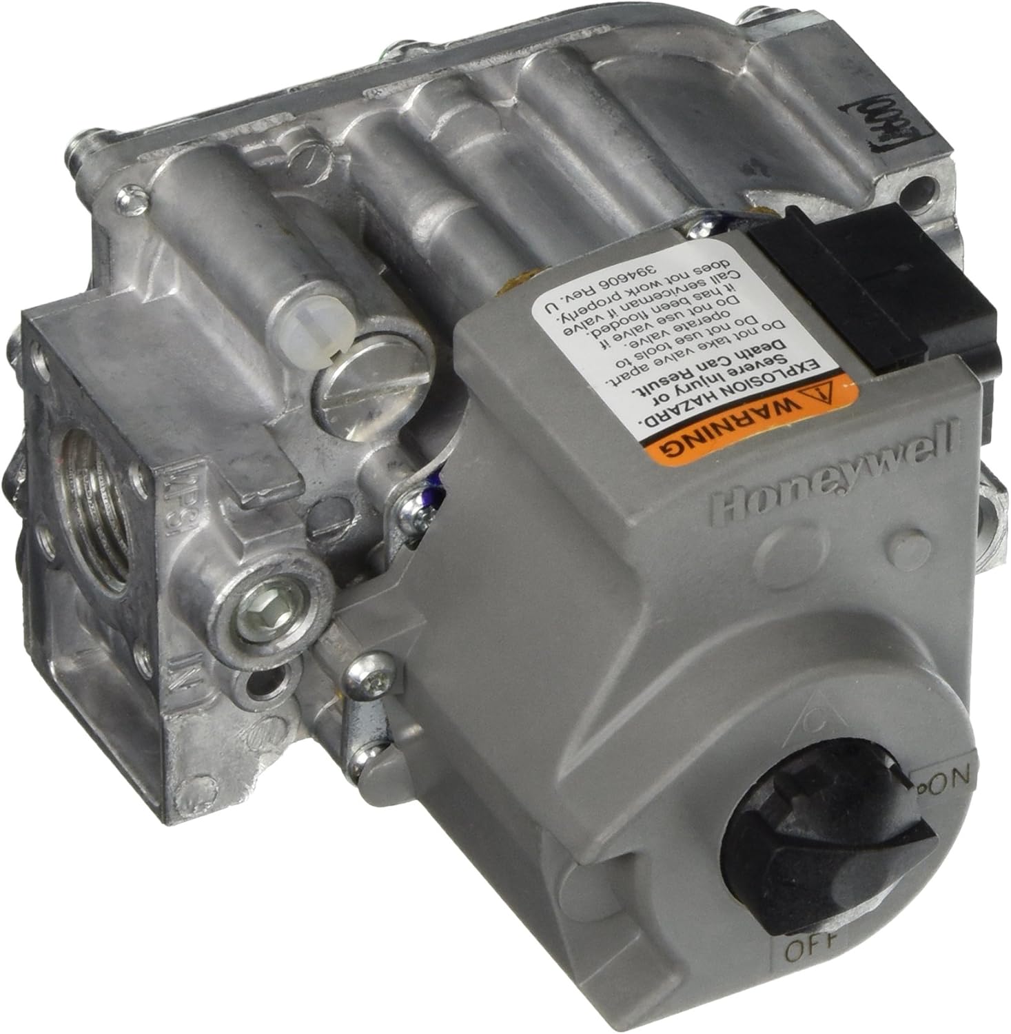 Honeywell dual direct ignition gas valve with metal housing, solenoid coils, and black control knob.