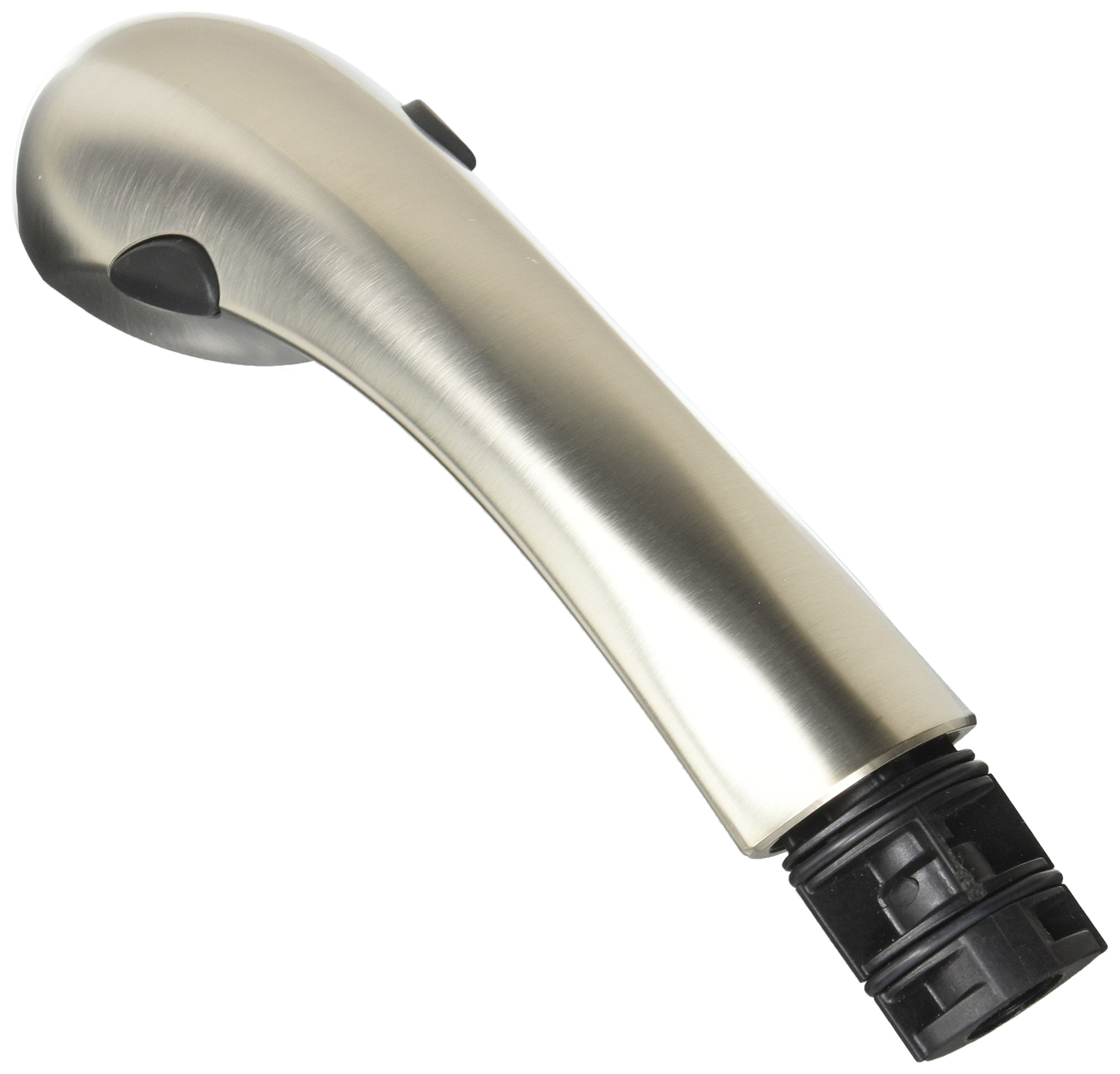 Stainless steel pull-out wand assembly with rounded head and black grip base connector.