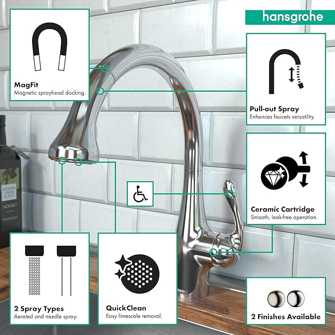 Chrome high-arc kitchen faucet with pull-down spray head and magnetic docking, shown installed above kitchen sink with white 