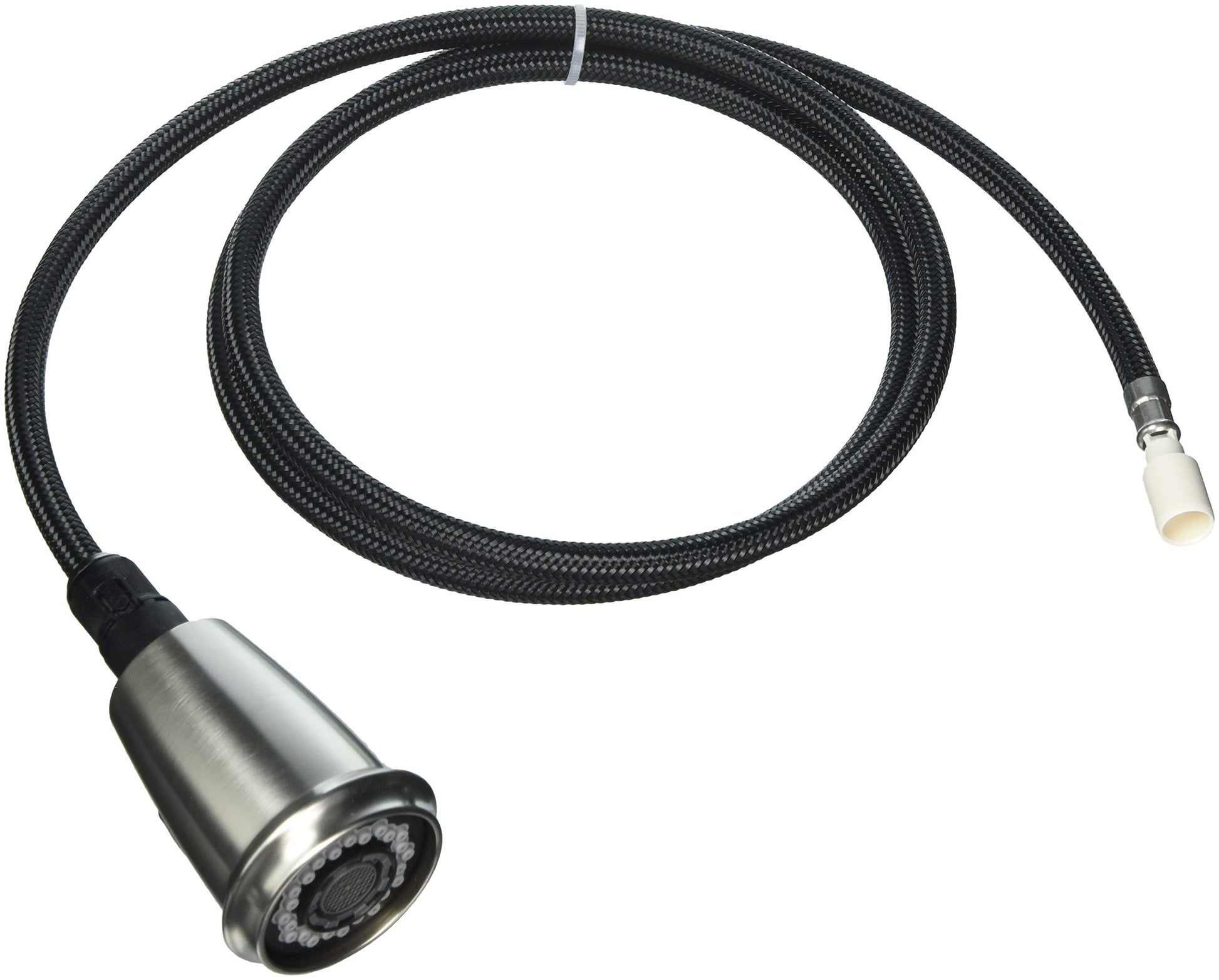 Chrome pull-down spray head with black braided hose and connector, Victorian style kitchen faucet assembly.