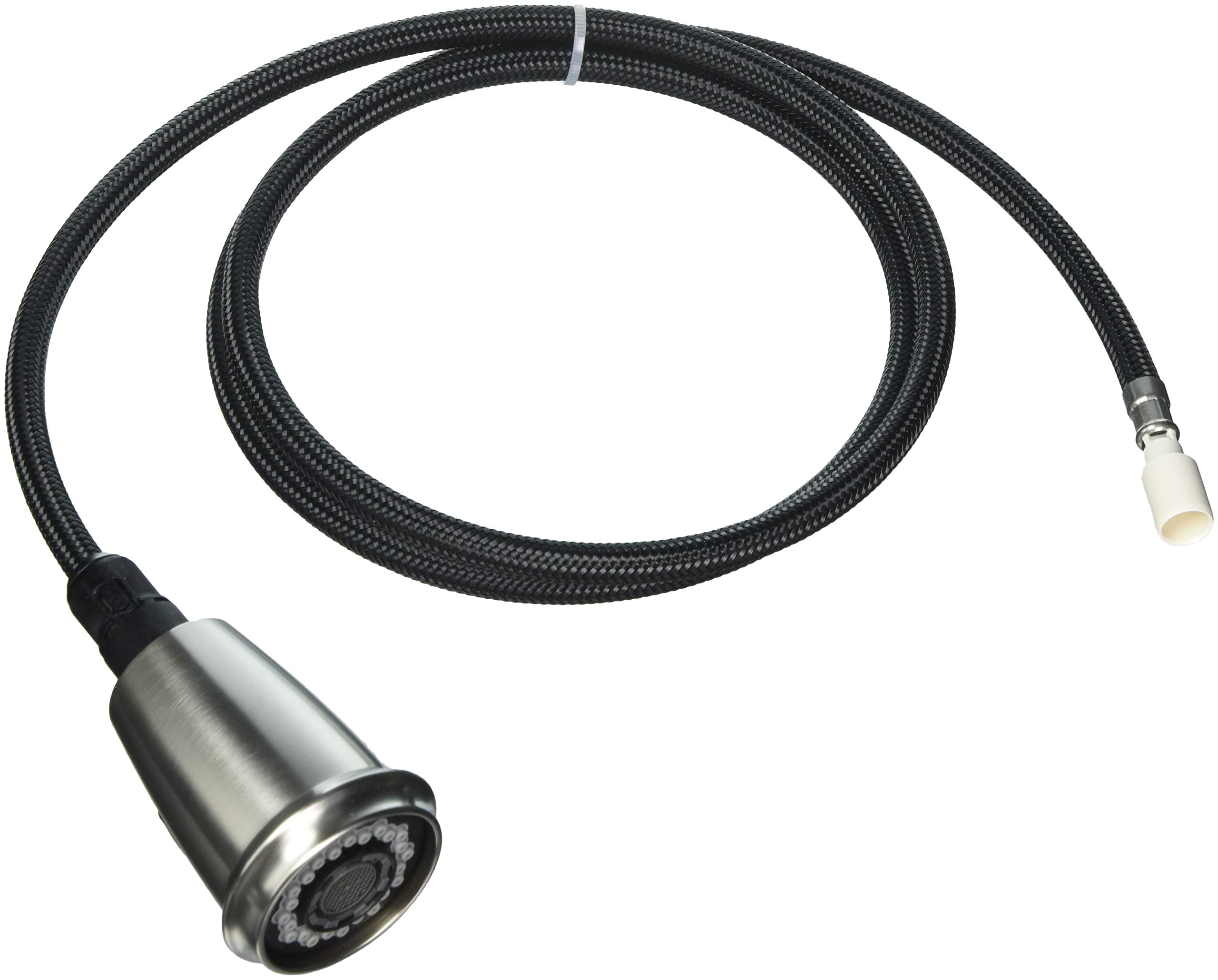 Chrome pull-down spray head with black braided hose and connector, Victorian style kitchen faucet assembly.