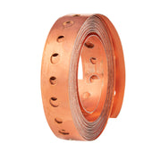 Copper steel pipe securing strap coiled with evenly spaced mounting holes along its length.