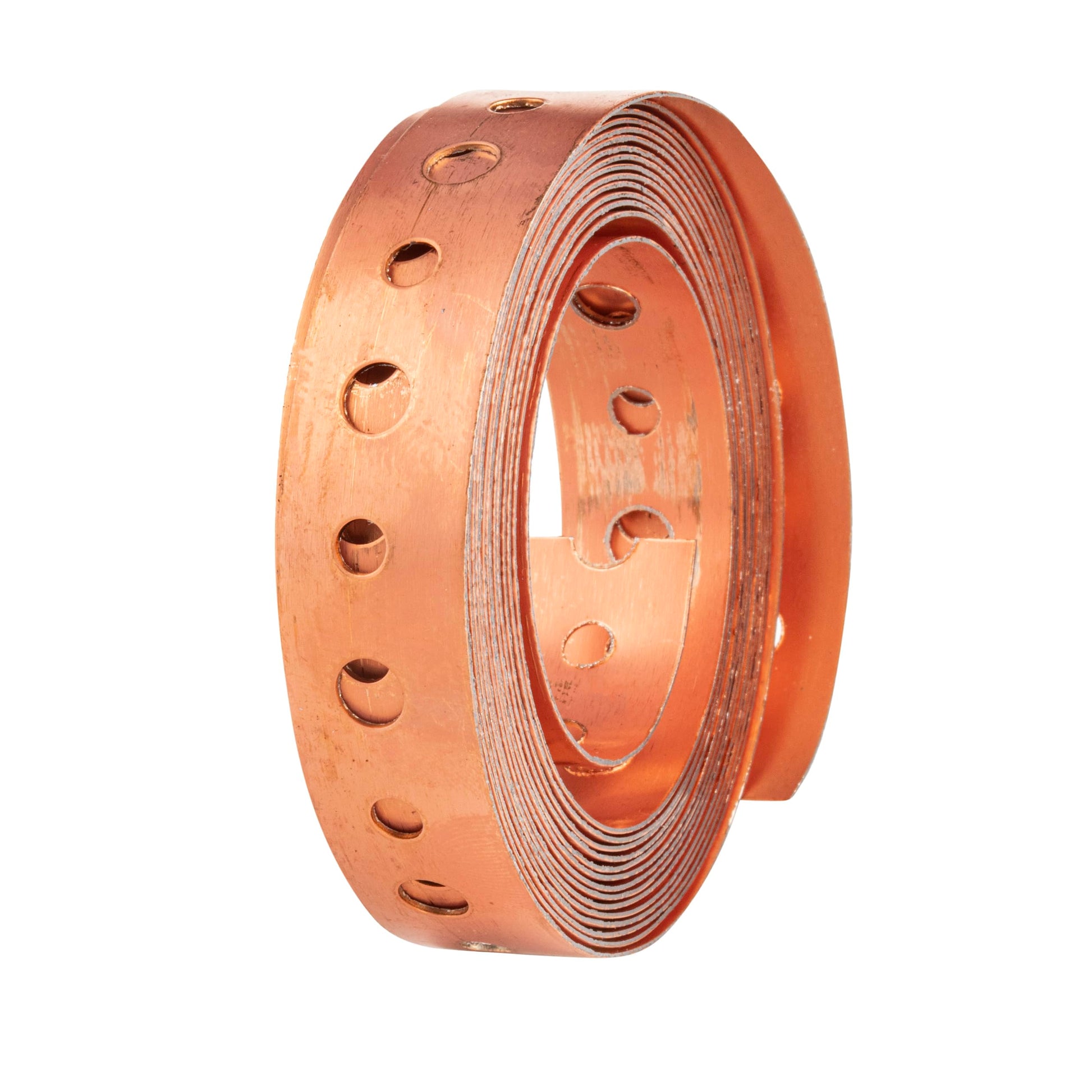 Copper steel pipe securing strap coiled with evenly spaced mounting holes along its length.